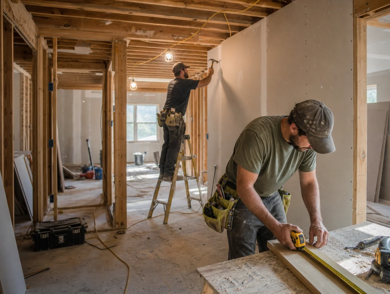 Residential construction framing and structural rehab in progress